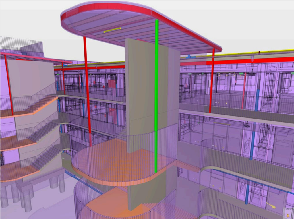 A rendered model in BIM software of a clash