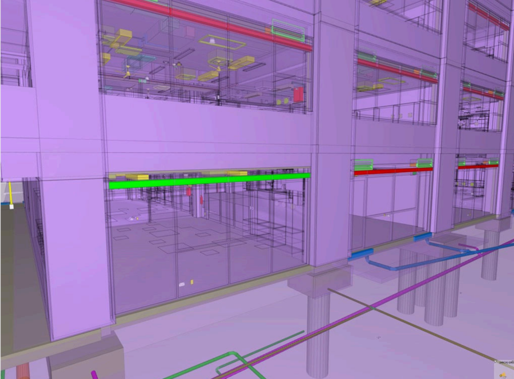 A rendered model in BIM software of a clash