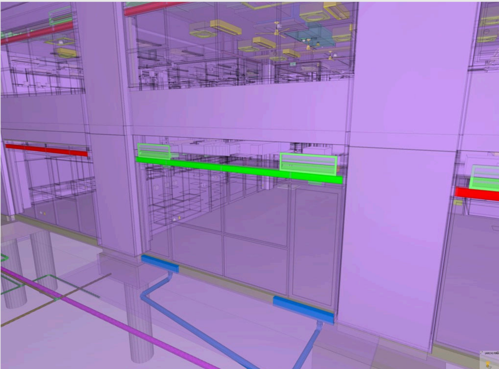 A rendered model in BIM software of a clash