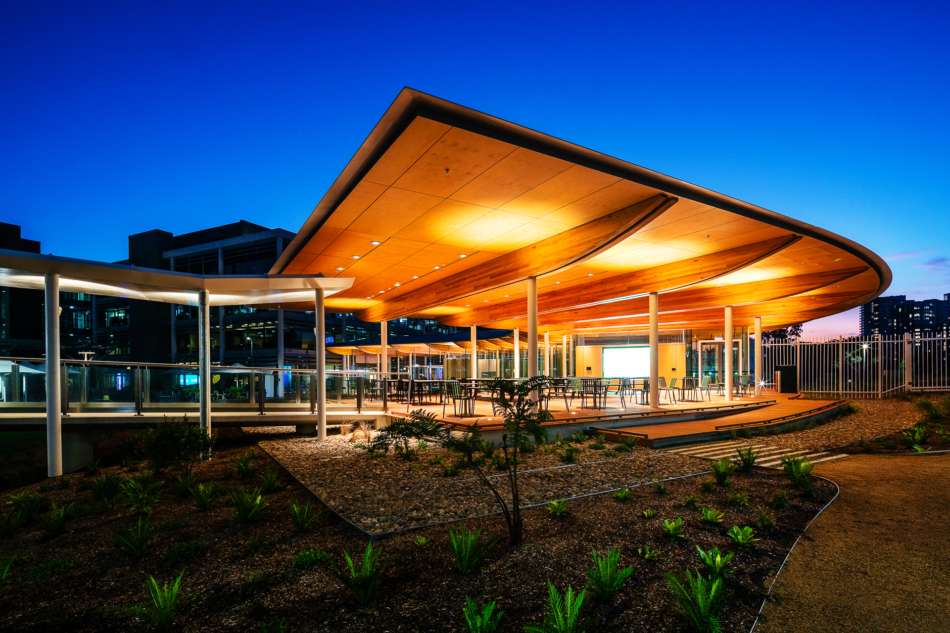 Facade of Optus Pavillion at night